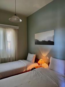 a bedroom with two beds and a window and a lamp at Acheron Nest in Gliki +4 photos