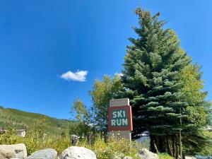 a ski run sign next to a pine tree at Ski Run 302 by SummitCove Lodging in Keystone
