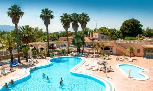 a pool at a resort with palm trees and people at Neptune 158 Argeles in Argelès-sur-Mer