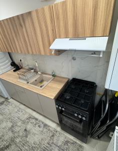 a kitchen with a stove and a sink at Studio Luca in Eforie Nord