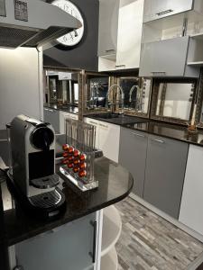 a kitchen with a coffee maker on a counter at Vintage Cozy Suite in Vodno