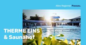 a picture of a swimming pool with the text thereine ems sammut at Appartementhaus Kastanie in Bad Füssing