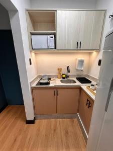 a small kitchen with a sink and a microwave at Seu Refúgio Apartamento moderno e aconchegante no Centro de Juiz de Fora in Juiz de Fora +7 photos
