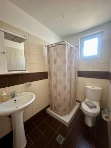 a bathroom with a sink and a toilet and a window at Garden View Appartment (Thanasis) in Kalavárda +10 photos