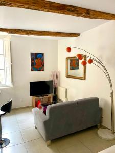a living room with a couch and a flat screen tv at La Maison du Courtil, Figue-Miel in Moustiers-Sainte-Marie