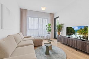 Una sala de estar con un sofá y un televisor de pantalla plana. en LAM Serenity Free Parking - Balcony, en Bratislava