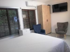 a bedroom with a bed and two chairs and a television at Gold Rush Oasis in Johannesburg