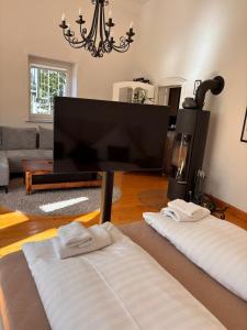 ゴスラーにあるVilla Einhorn - Altstadt Studio - stilvoll besondersのリビングルーム(白いオットマン2台、テレビ付) +19枚の写真