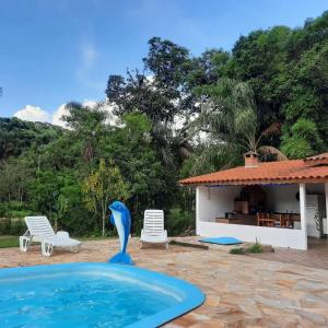 a pool with a blue dolphin in front of a house at Chácara Pedacinho do Céu in Socorro