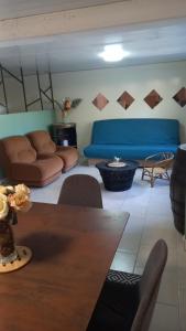 ein Wohnzimmer mit Sofas und einem blauen Sofa in der Unterkunft Location 4 personnes avec jardin in Carsac-Aillac