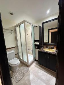 a bathroom with a toilet and a sink and a mirror at MELBARI Central-Appart in Marrakech