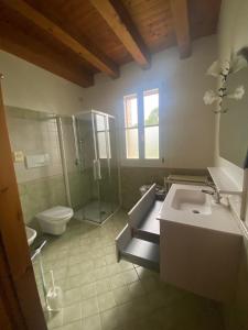 a bathroom with a sink and a shower and a toilet at Residence Nonna Giuseppina in Casoni