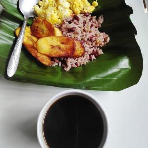 a plate of food with rice and meat on a banana leaf at Somos Zapatón Catarata EL REY in Zapatón