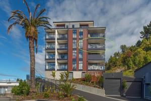 a tall building with a palm tree in front of it at Havenview City Apartment in Nelson