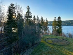 an aerial view of a circle in the grass next to a lake at L'écrin du Lac St-Point in Malbuisson