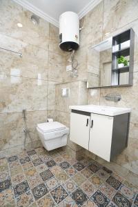 a bathroom with a toilet and a sink and a mirror at Maskan by Rafiqi Estates - Deluxe 2BHK & Studio Apartments in Srinagar +85 photos