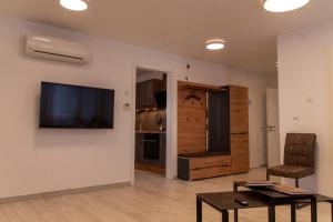 a living room with a table and a tv on a wall at Ferienwohnung Kuss in Schönberg
