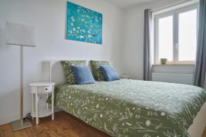 a bedroom with a bed with blue pillows at Lovely 2 bedrooms flat Basel Saint Louis -with private parking in Saint-Louis