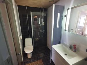 Un baño con inodoro, lavabo y ducha. en Revontuli 8, en Syöte 12 fotos más