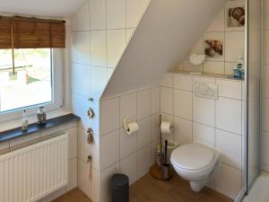 a bathroom with a toilet and a window at Ferienwohnung *Hüs Pelle* in Süddorf +21 photos