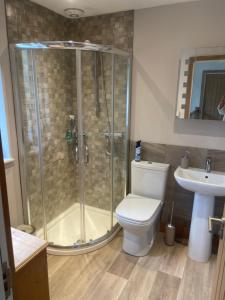 Un baño con ducha, inodoro y lavabo. en Newark lane, en Ripley
