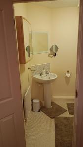 a bathroom with a sink and a mirror at Spacious Cheltenham Flat with Free Allocated Parking in Cheltenham +17 photos