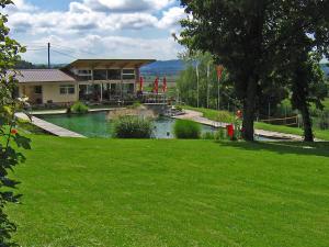une maison avec un étang devant un immeuble dans l'établissement Haus Sonntag, à Frickingen