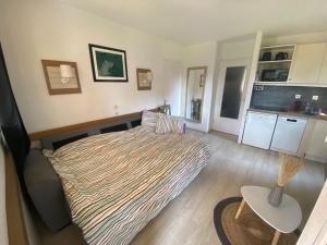a small bedroom with a bed and a kitchen at Appartement Piscine et pinede - Wifi in Saint-Raphaël