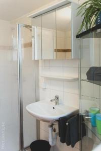 a white bathroom with a sink and a shower at 3-Zimmer Wohnung mit Terasse im Herzen Bambergs in Bamberg