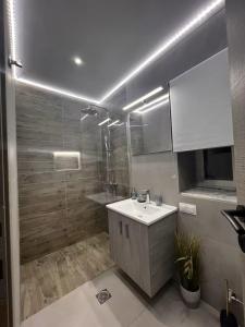 a bathroom with a sink and a shower at Burnelia Vacation Maisonette in Lefkímmi