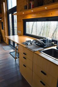 eine Küche mit einem Herd, einem Waschbecken und einem Fenster in der Unterkunft POP Tiny House Mátra in Mátraszentimre