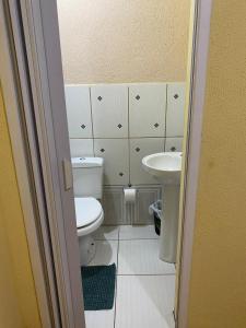 a small bathroom with a toilet and a sink at Sobrado inteligente com ótima localização in Foz do Iguaçu +8 photos