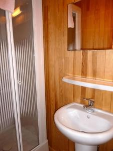 Un baño con lavabo blanco y ducha. en Les Oulles 19, en La Chapelle-en-Valgodemard