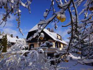ein schneebedecktes Haus davor in der Unterkunft Biber Lodge in Feldberg + 32 Fotos