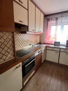 una cocina con fregadero y estufa horno superior en Winzerhäuschen Kern, en Fehring