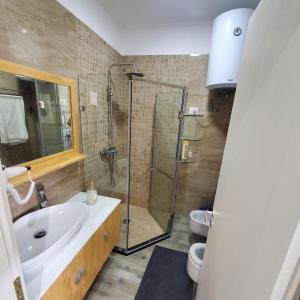 a bathroom with a shower and a sink and a toilet at Urban Charm Lalzi in Draç
