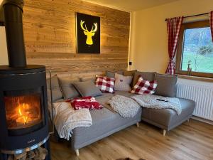 a living room with a couch and a fireplace at Hänsles Hütte in Winklern