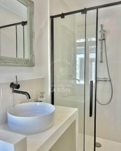 a bathroom with a sink and a glass shower at Maison "Louisette" in Le Touquet-Paris-Plage +7 photos