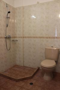 a bathroom with a toilet and a shower at Апартаменти Амфора in Pomorie