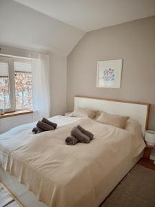 a bedroom with a large bed with two pillows on it at Moorhus Worpswede in Worpswede +9 photos