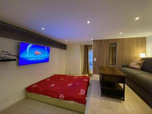 a living room with a couch and a tv on the wall at Une escale face au lac Léman in Marin