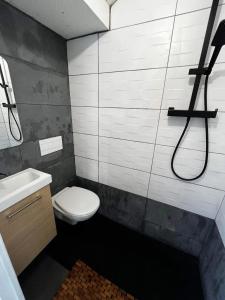 a bathroom with a toilet and a sink at Petit havre de paix à Bobigny avec jardin in Bobigny