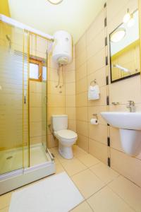 a bathroom with a shower toilet and a sink at Hotel Odissey Jaz in Budva