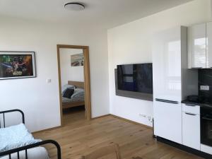 a living room with a television and a mirror at Apartmantplus01 in Prague