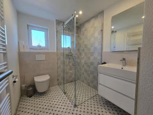 Un baño con ducha, inodoro y lavabo. en Charmante 3-Schlafzimmer Wohnung mit Garten, en Lörrach