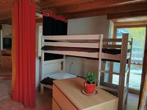 a bedroom with bunk beds and a desk with a plant at Gite Seguret in Gresse-en-Vercors