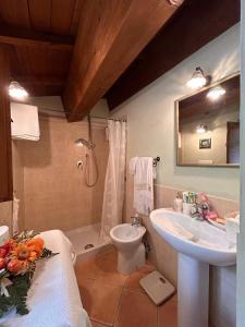 a bathroom with a sink and a toilet and a shower at La casetta nel bosco in Pedana