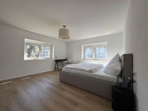 a white bedroom with a bed and two windows at Exklusives Wohnen in Bestlage - I in Heubach