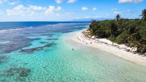 una persona parada en el agua en una playa en Maison spacieuse avec piscine à Sainte-Anne, 250 m², en Sainte-Anne