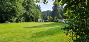 un gran campo de césped con dos edificios y árboles en Naturcamp Meyersgrund - Campingplatz, en Manebach 10 fotos más